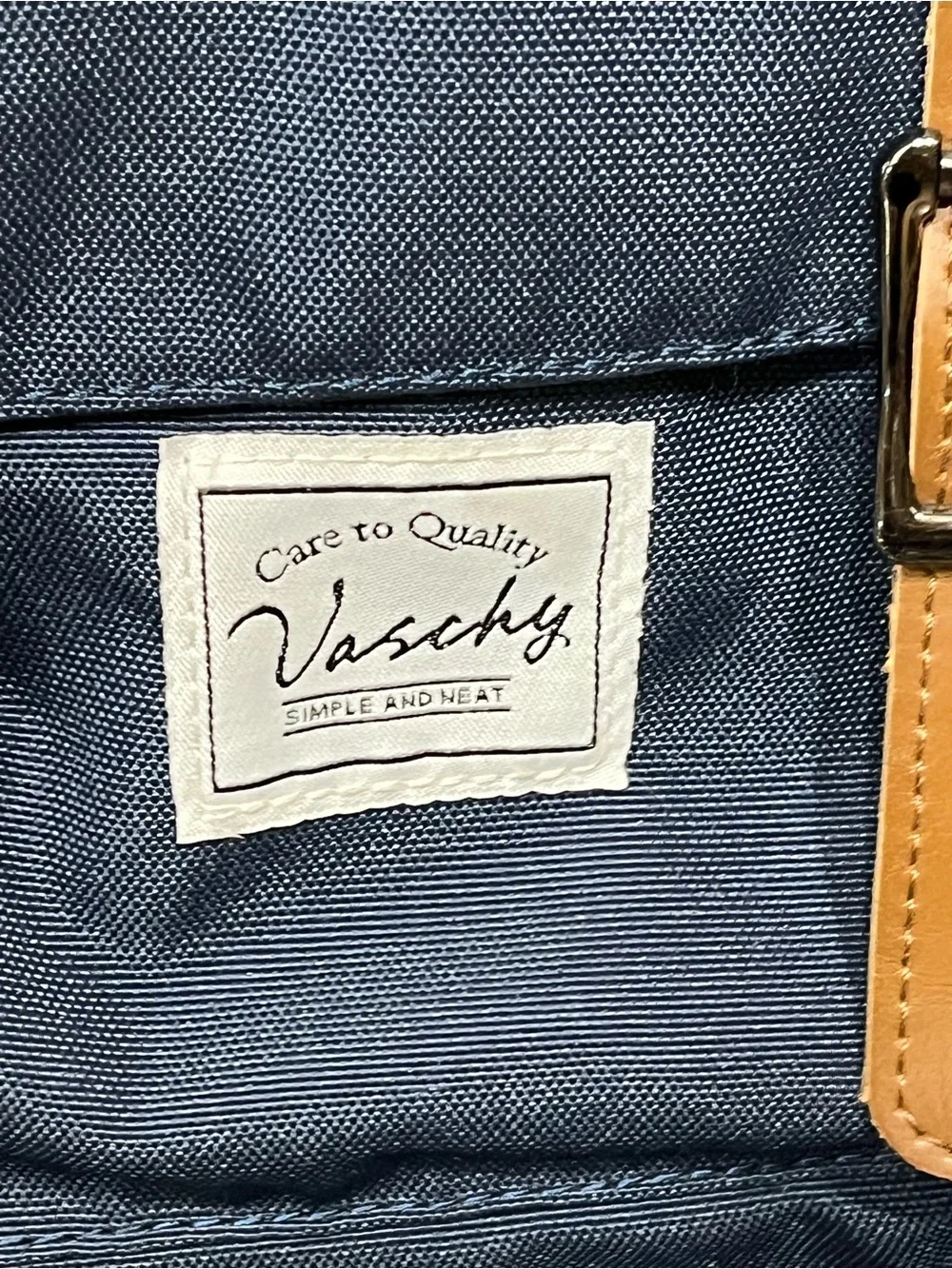 NWOT VASCHY Navy Vintage Inspired Laptop Backpack Tan Leather Buckle Travel Bag